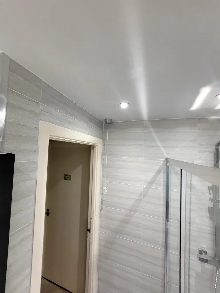 Grey horizontal wall cladding and chrome shower fittings in Durham bathroom