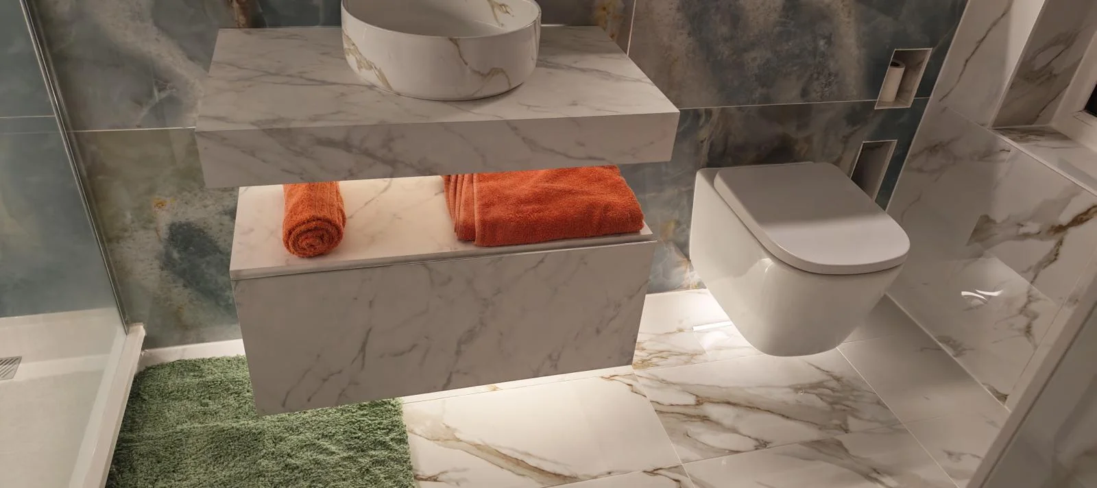 Floating marble vanity, vessel sink and floating toilet on built-out rear wall in Blyth