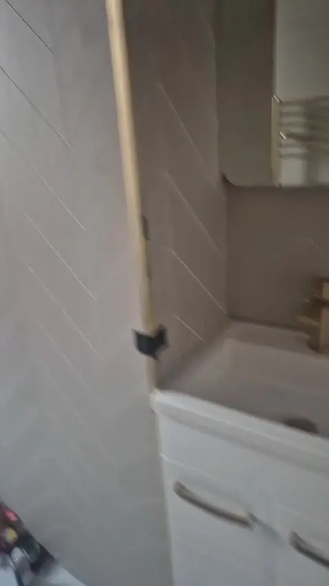 Vanity and herringbone cladding going in during the Darlington bathroom renovation