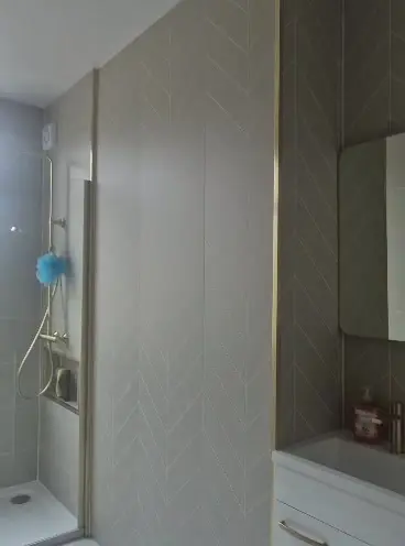 Nearly finished walk-in shower and herringbone feature wall during the Darlington install