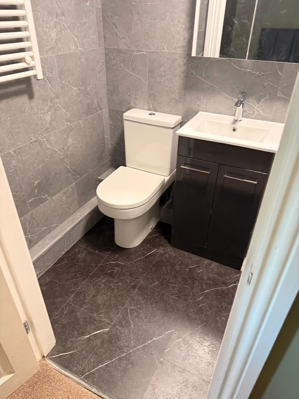 Doorway view of Durham bathroom with dark vanity, white basin and close-coupled toilet