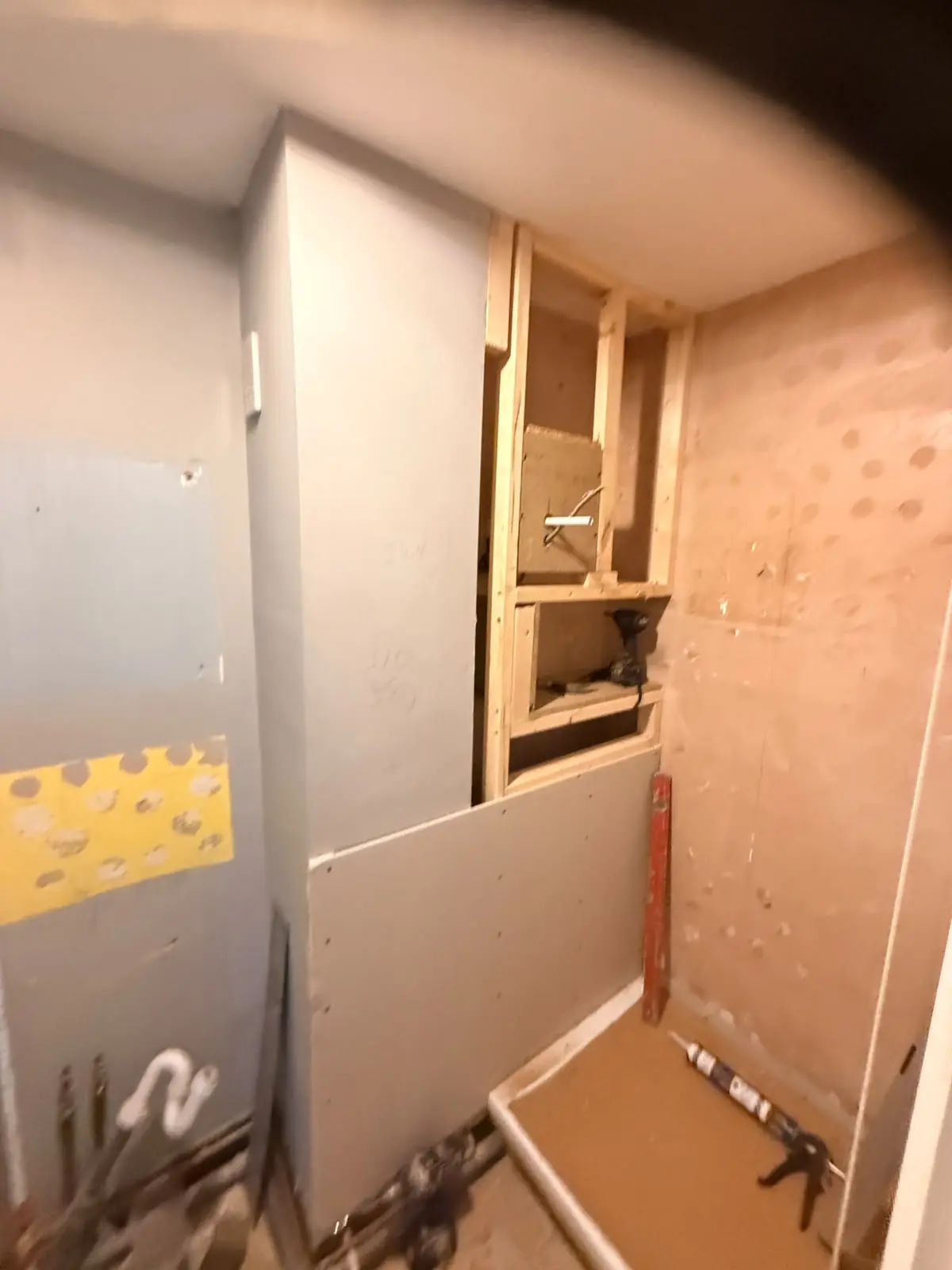 Shower framing and recessed niches under construction in Durham bathroom