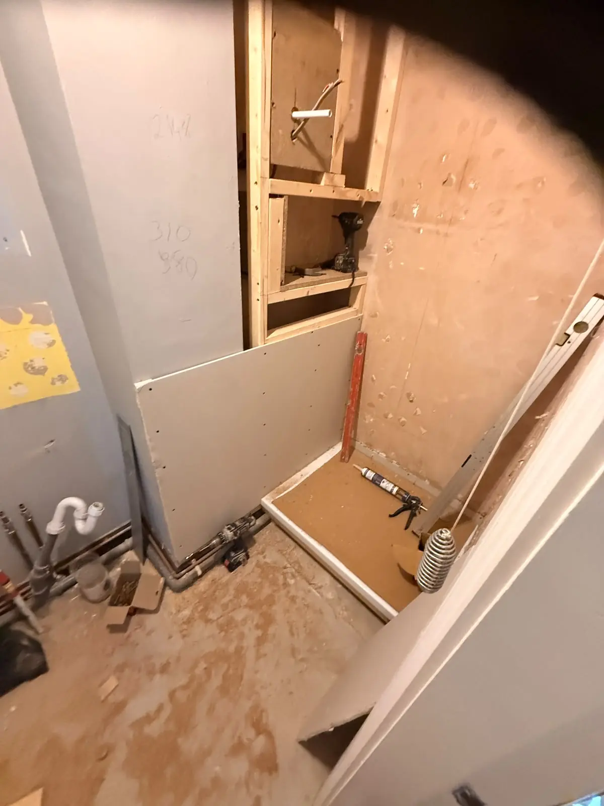 Shower tray and timber framing before SPC tiling in Durham
