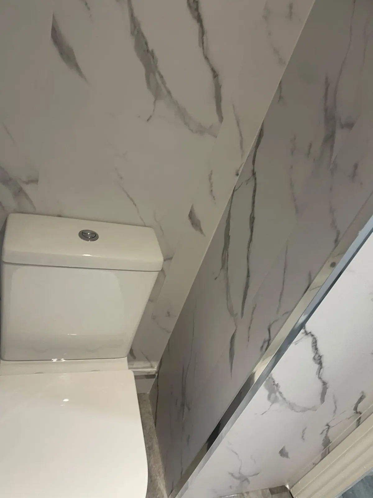 Close-coupled toilet and white marble cladding in the downstairs cloakroom